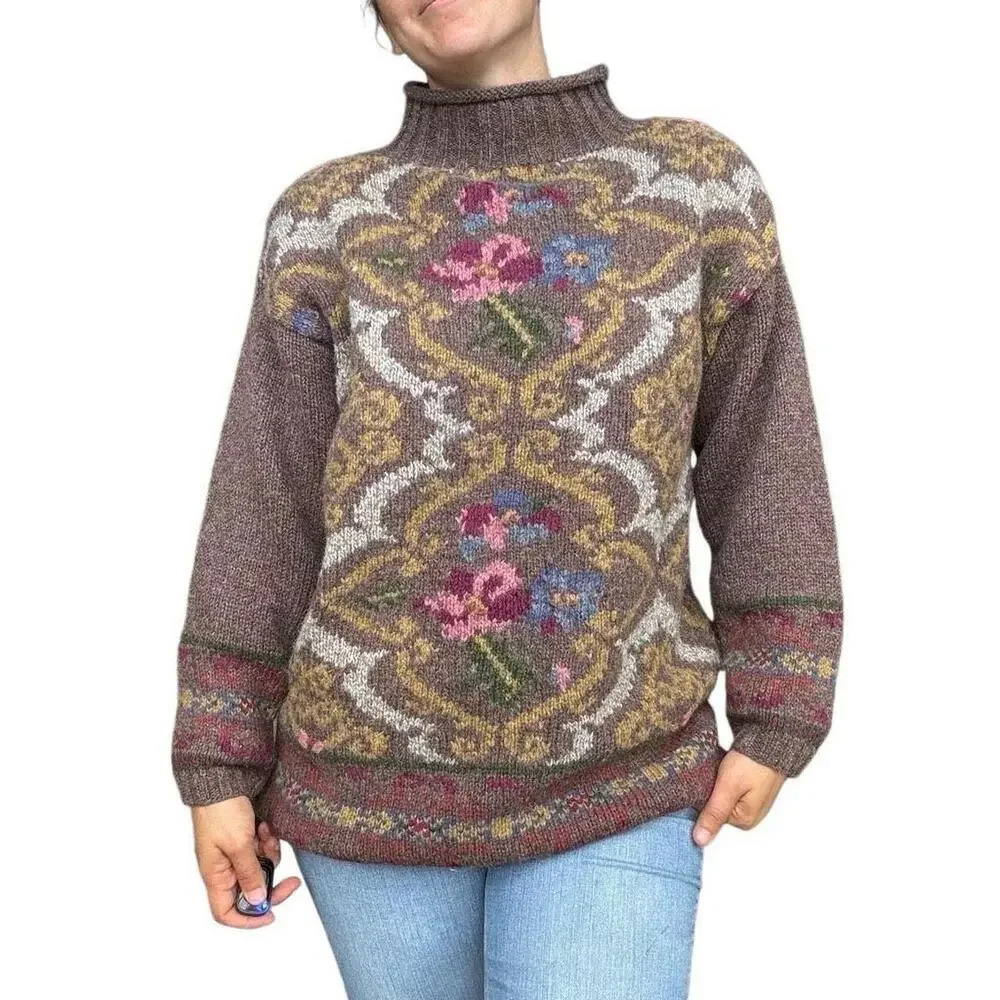 Vintage Express Tricot Wool Blend chunky knit floral brown Sweater Size XS